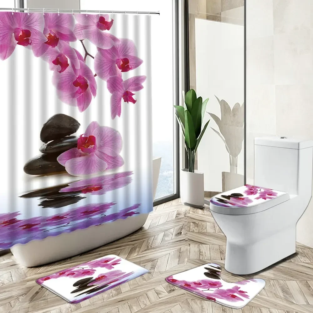 Bamboo Bath Mat - Tenda Doccia con Motivo Orchidea, Verde